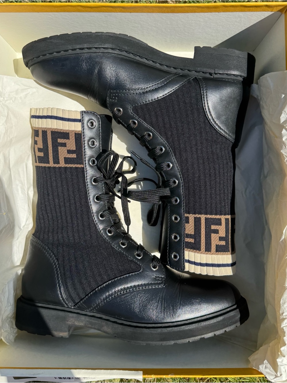 AUTHENTIC FENDI Rockoko FF Logo Combat Boots Black Leather EU 38 - Picture 10 of 17
